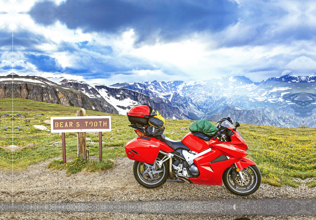 Premium Textile Canvas Premium Textile Canvas 45 cm x 30 cm landscape Motorcycle in front of the Beartooth Mountains, Wyoming. 