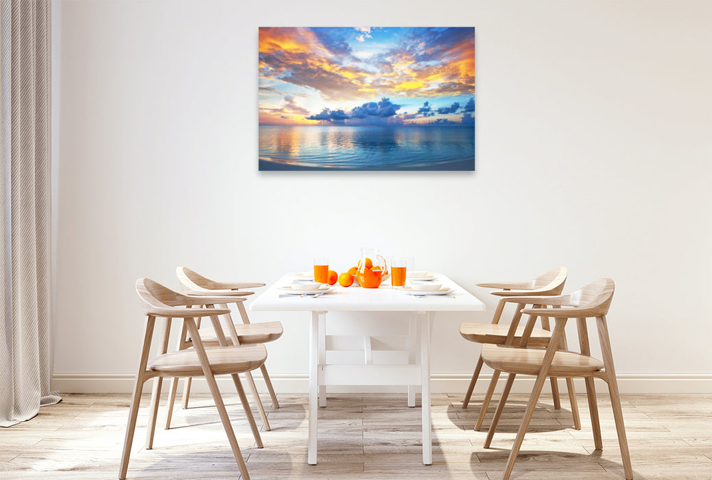 Premium textile canvas Premium textile canvas 120 cm x 80 cm landscape A fantastic, glowing sunset on the paradisiacal Maldives. 