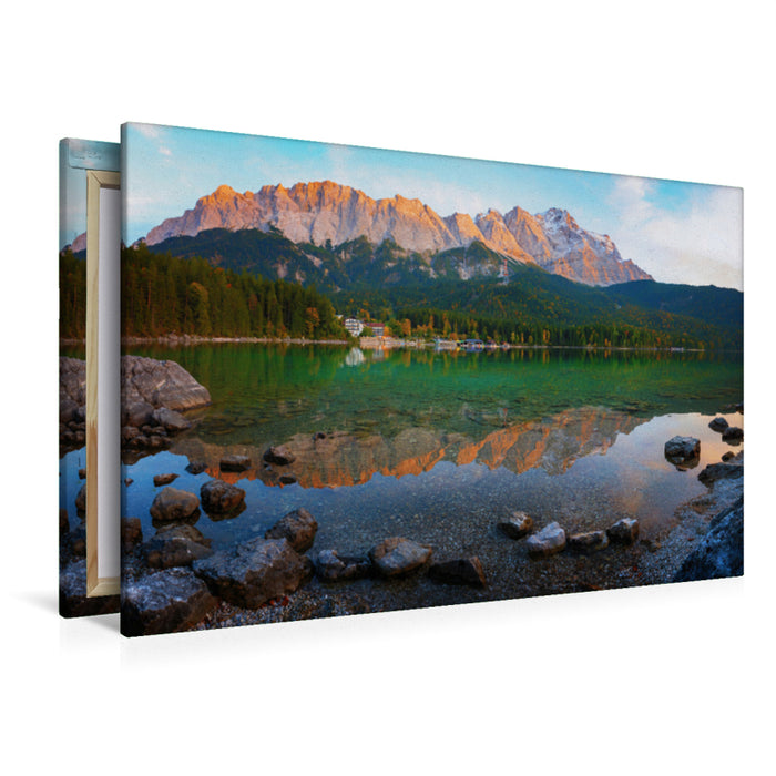 Premium Textil-Leinwand Premium Textil-Leinwand 120 cm x 80 cm quer Abendstimmung am Eibsee, Zugspitze