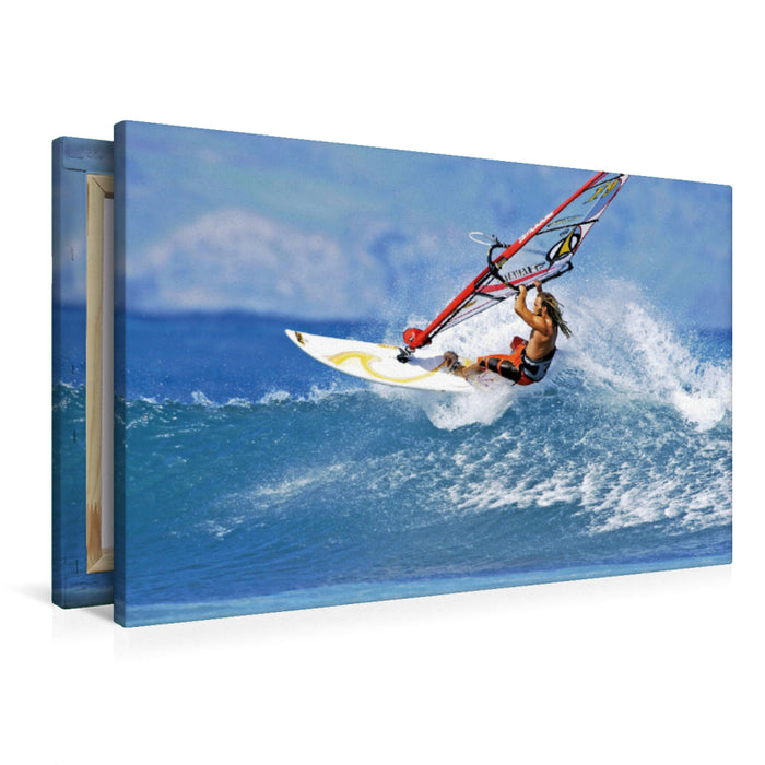 Premium Textil-Leinwand Premium Textil-Leinwand 90 cm x 60 cm quer Athletischer Windsurfer dreht das Board auf dem Wellenkamm.