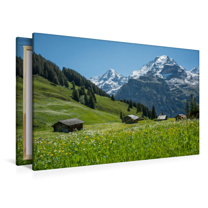Premium Textil-Leinwand Premium Textil-Leinwand 120 cm x 80 cm quer Alphütten mit Mönch, Berner Oberland nahe Birg, Schweiz