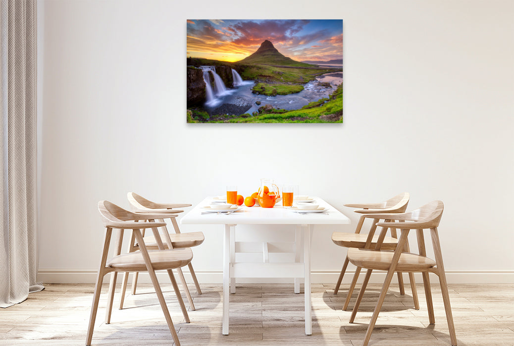 Premium textile canvas Premium textile canvas 120 cm x 80 cm landscape Kirkjufellsfoss waterfall and Kirkjufell mountain 
