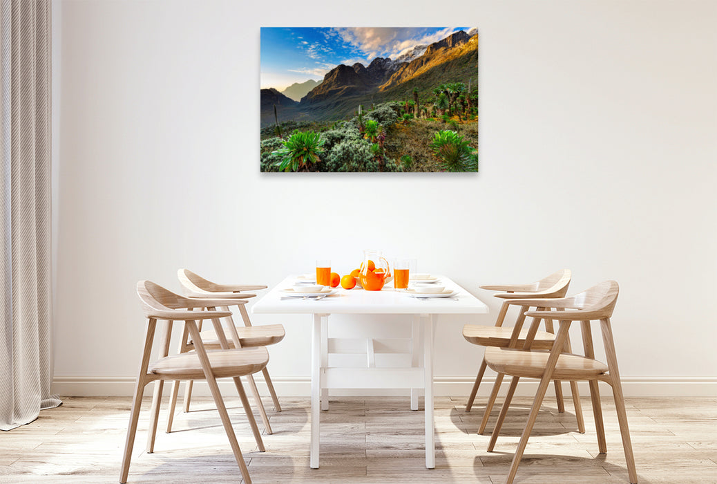 Premium textile canvas Premium textile canvas 120 cm x 80 cm landscape Sunrise in the Mogusu Valley of the Ruwenzori 