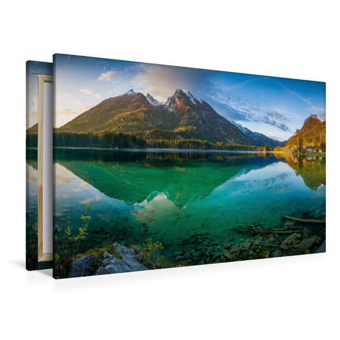 Premium textile canvas Premium textile canvas 120 cm x 80 cm landscape Hintersee in the morning 