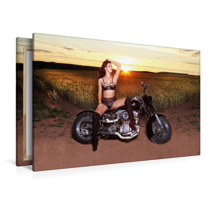 Premium textile canvas Premium textile canvas 120 cm x 80 cm landscape A motif from the calendar Calendar / No. 5 Motorcycles and Sexy Girls 