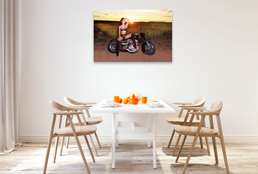 Premium textile canvas Premium textile canvas 120 cm x 80 cm landscape A motif from the calendar Calendar / No. 5 Motorcycles and Sexy Girls 