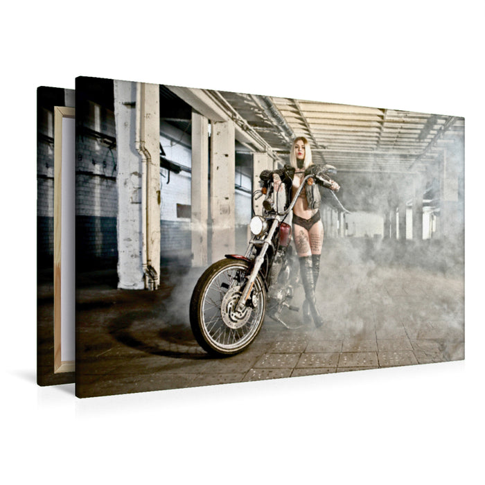 Premium textile canvas Premium textile canvas 120 cm x 80 cm landscape Sara Ready with a Sportster Seventy Two Bj.14 