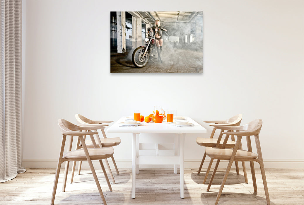 Premium textile canvas Premium textile canvas 120 cm x 80 cm landscape Sara Ready with a Sportster Seventy Two Bj.14 