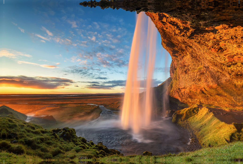 Premium textile canvas Premium textile canvas 120 cm x 80 cm across The Seljalandsfoss, one of the most beautiful waterfalls in Iceland 