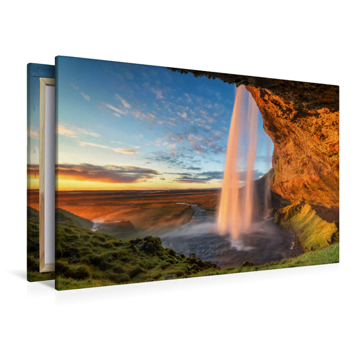 Premium textile canvas Premium textile canvas 120 cm x 80 cm across The Seljalandsfoss, one of the most beautiful waterfalls in Iceland 