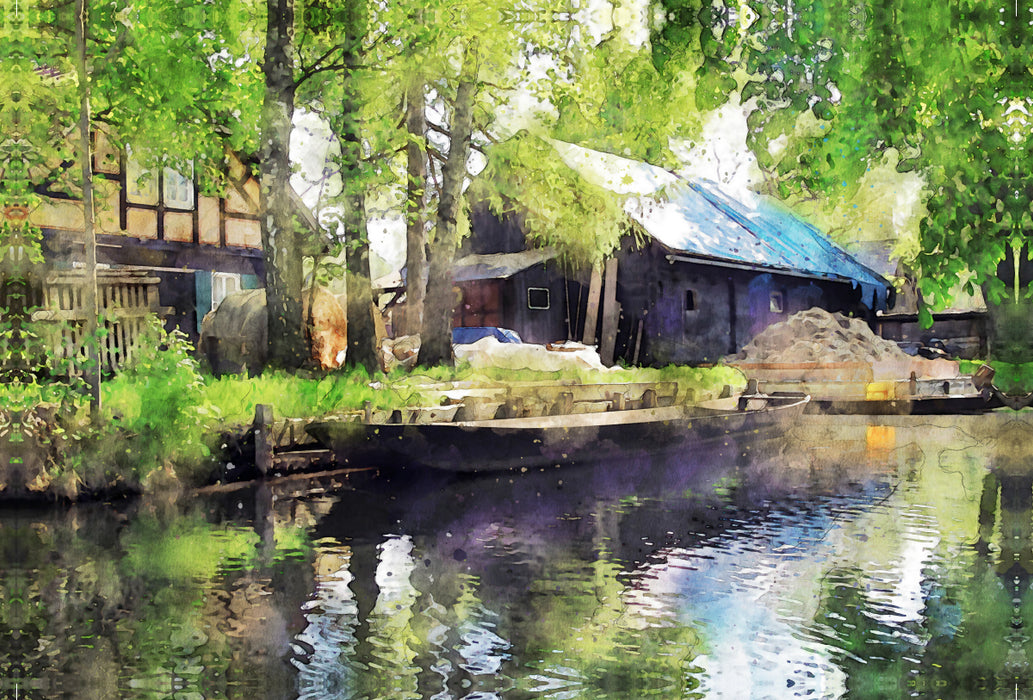 Premium textile canvas Premium textile canvas 120 cm x 80 cm landscape Traditional farm in the Spreewald. Barge in the water. 