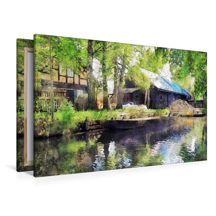 Premium textile canvas Premium textile canvas 120 cm x 80 cm landscape Traditional farm in the Spreewald. Barge in the water. 