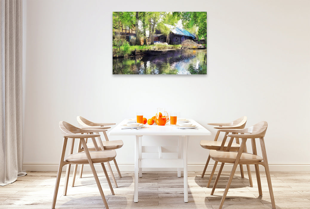 Premium textile canvas Premium textile canvas 120 cm x 80 cm landscape Traditional farm in the Spreewald. Barge in the water. 