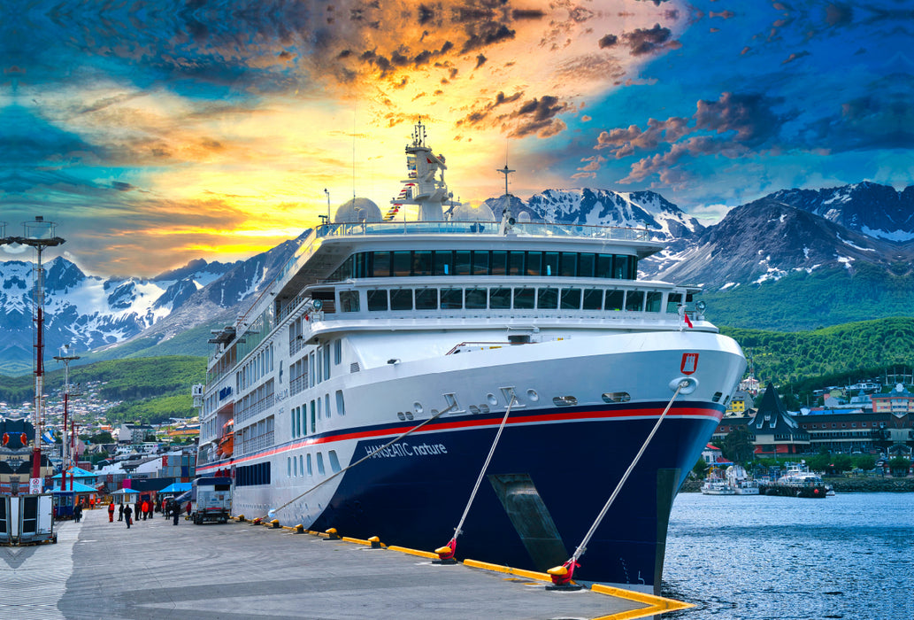 Premium textile canvas Premium textile canvas 120 cm x 80 cm landscape The HANSEATIC nature on the quay of Ushuaia at the southern end of South America. 