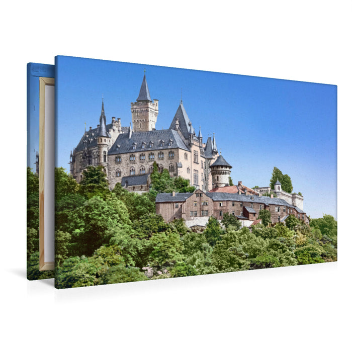 Premium Textil-Leinwand Premium Textil-Leinwand 120 cm x 80 cm quer Wernigerode (Harz) – Blick zum Schloss um 1900