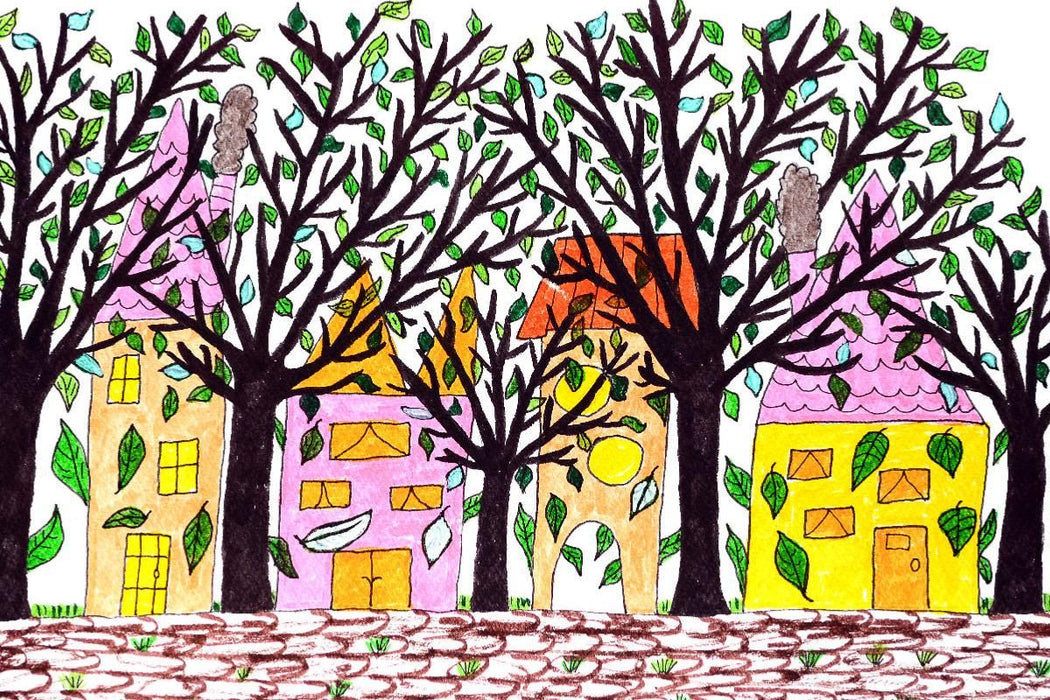 Premium textile canvas Premium textile canvas 120 cm x 80 cm landscape Fantasy trees in front of a row of houses 