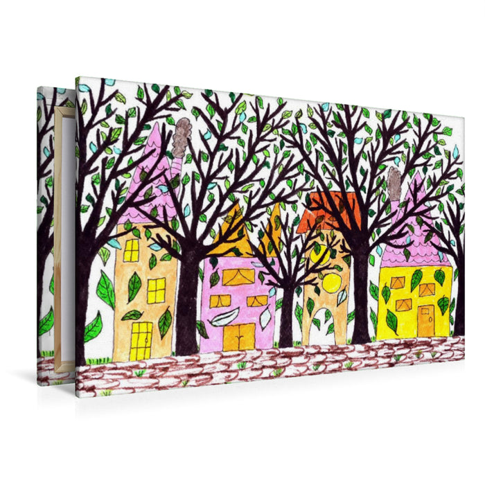 Premium textile canvas Premium textile canvas 120 cm x 80 cm landscape Fantasy trees in front of a row of houses 