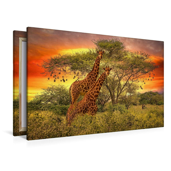 Premium Textil-Leinwand Premium Textil-Leinwand 120 cm x 80 cm quer Zwei Giraffen im Sonnenuntergang