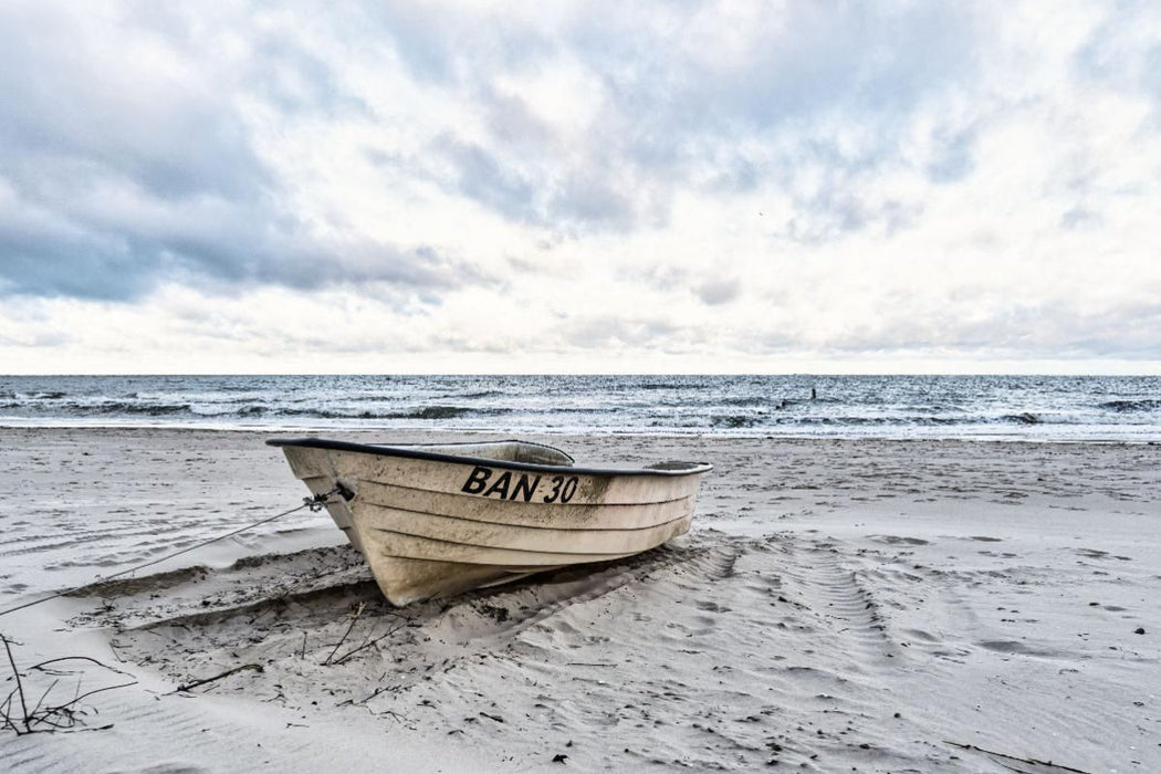 Premium textile canvas Premium textile canvas 120 cm x 80 cm landscape Boat on the beach in Heringsdorf on the island of Usedom 