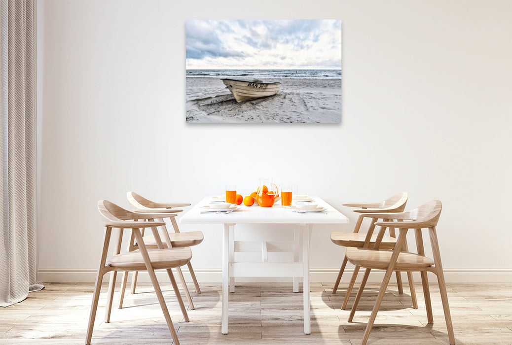 Premium textile canvas Premium textile canvas 120 cm x 80 cm landscape Boat on the beach in Heringsdorf on the island of Usedom 