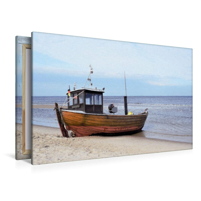 Premium Textil-Leinwand Premium Textil-Leinwand 120 cm x 80 cm quer Fischerboot am Strand von Ahlbeck auf der Insel Usedom