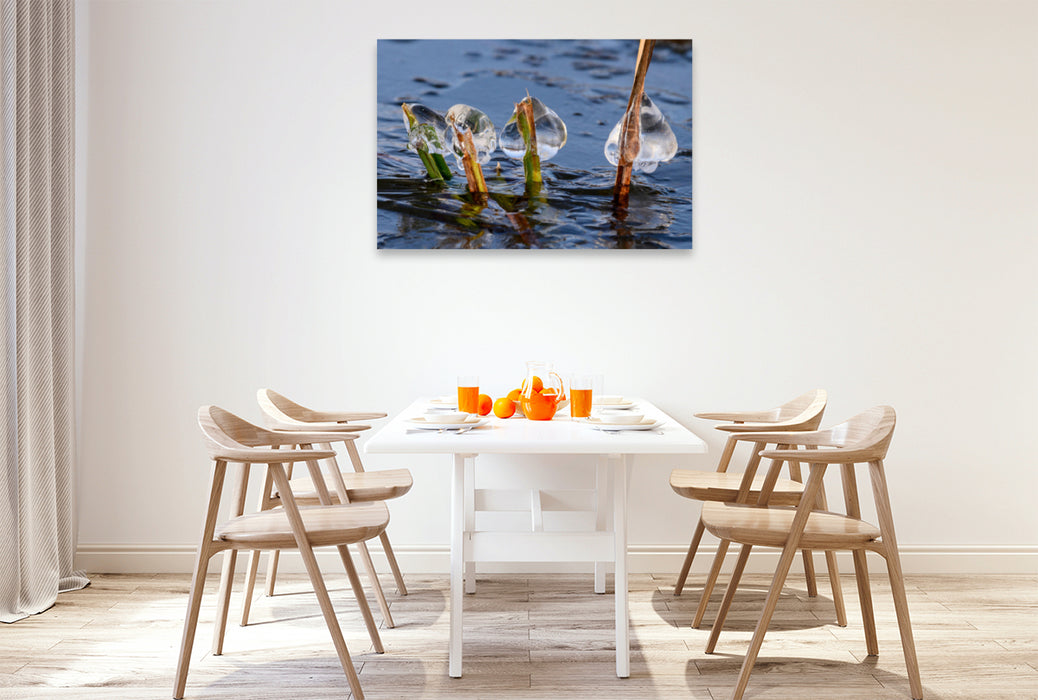 Premium textile canvas Premium textile canvas 120 cm x 80 cm landscape Crystal clear ice beads on a frozen lake 