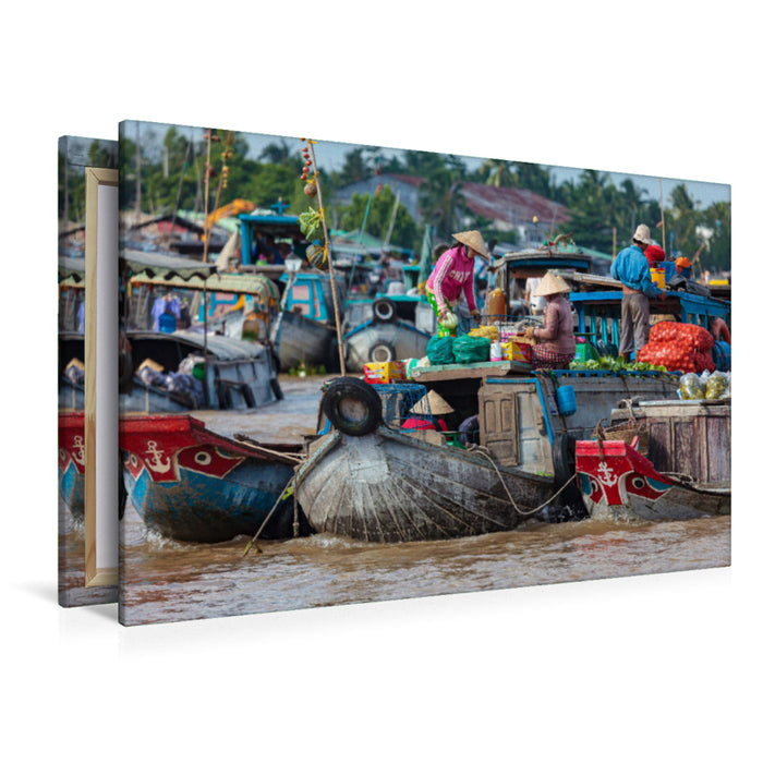 Premium Textil-Leinwand Premium Textil-Leinwand 120 cm x 80 cm quer Schwimmender Markt auf dem Mekong