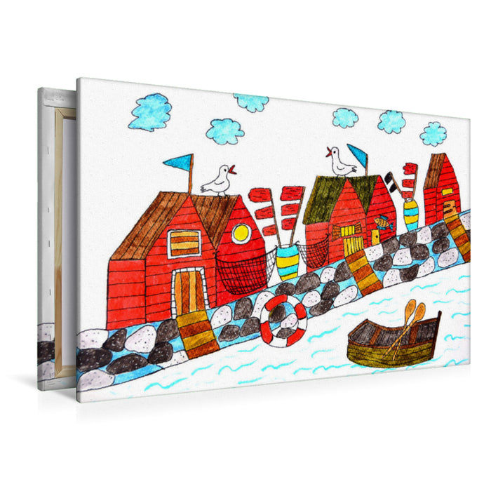 Premium textile canvas Premium textile canvas 120 cm x 80 cm landscape Red fishing huts 