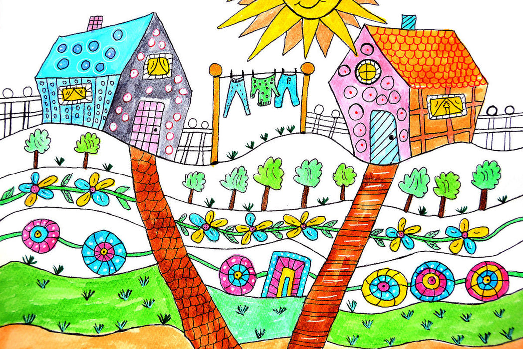 Premium textile canvas Premium textile canvas 120 cm x 80 cm landscape Two colorful houses 