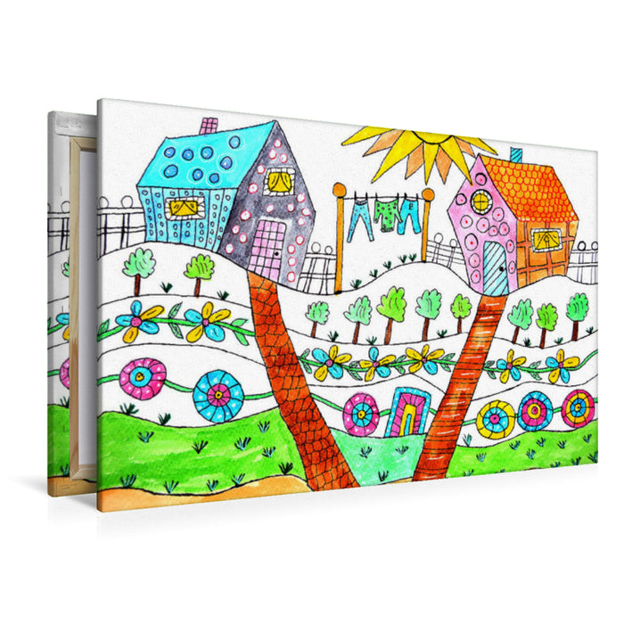 Premium textile canvas Premium textile canvas 120 cm x 80 cm landscape Two colorful houses 