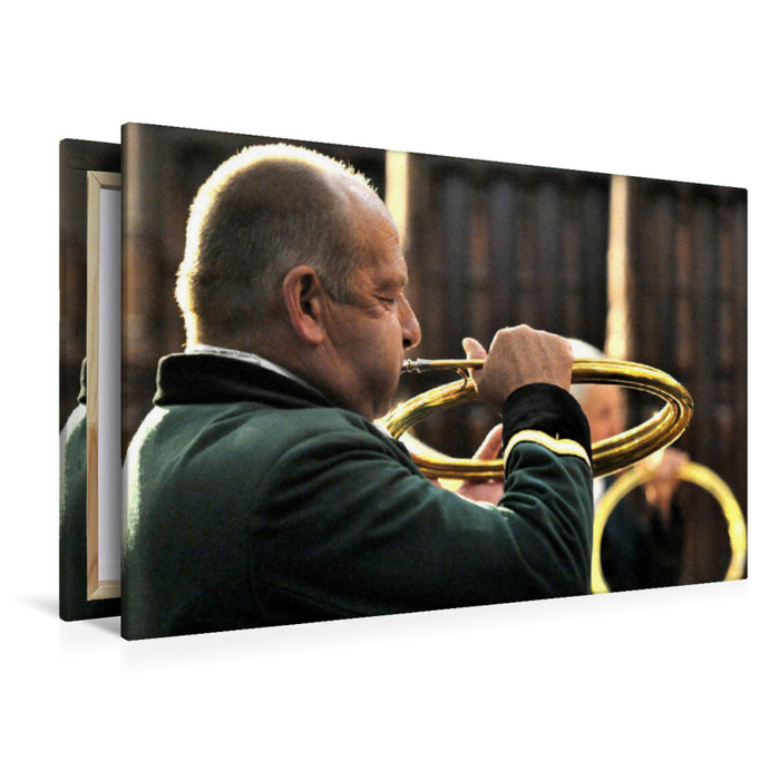 Premium textile canvas Premium textile canvas 120 cm x 80 cm landscape hunting horn 