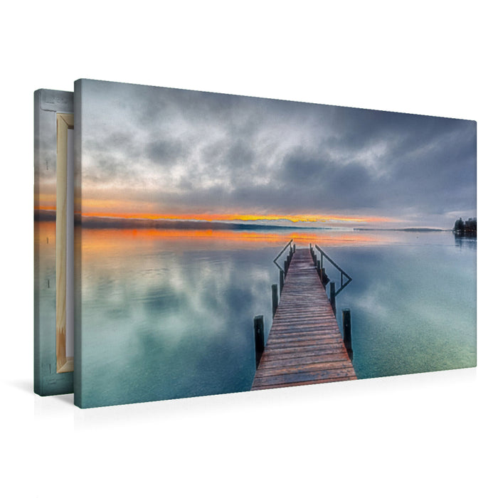 Premium Textil-Leinwand Premium Textil-Leinwand 90 cm x 60 cm quer Steg bei Sonnenaufgang am Starnberger See