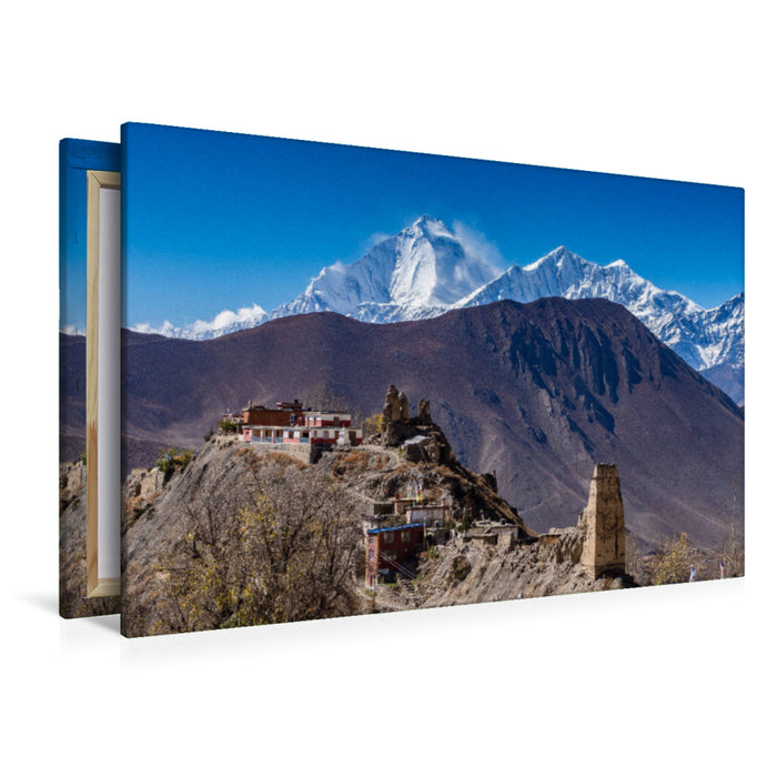 Toile textile haut de gamme Toile textile haut de gamme 120 cm x 80 cm paysage Monastère de Dzong avec Dhaulagiri 