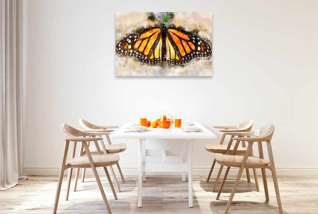 Toile textile premium Toile textile premium 120 cm x 80 cm paysage aquarelle d'un papillon monarque 