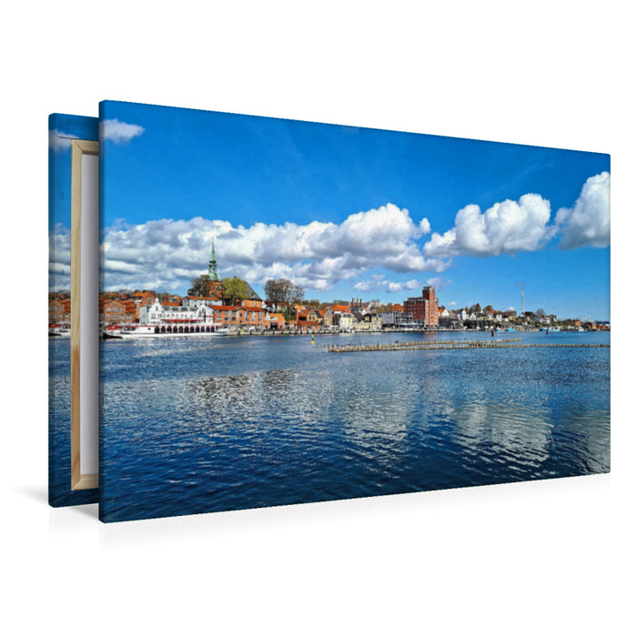 Premium textile canvas Premium textile canvas 120 cm x 80 cm across harbor in Kappeln with herring fences 