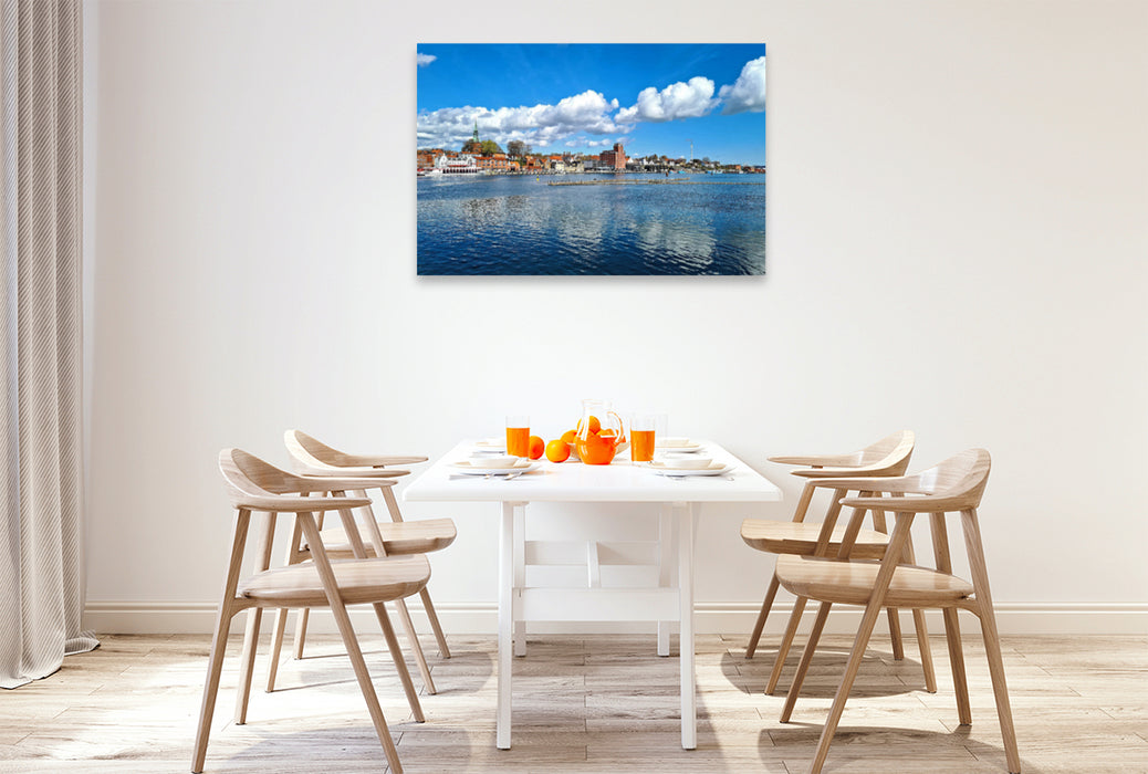 Premium textile canvas Premium textile canvas 120 cm x 80 cm across harbor in Kappeln with herring fences 