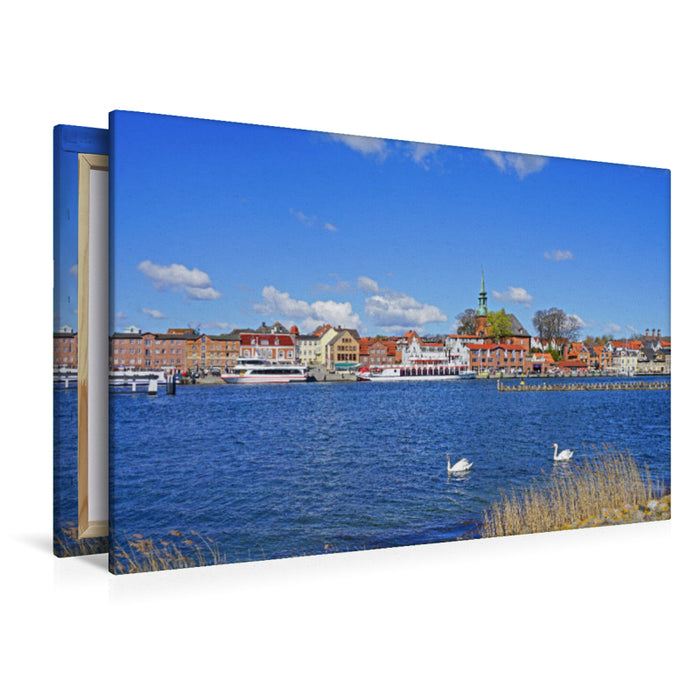 Premium textile canvas Premium textile canvas 120 cm x 80 cm across harbor in Kappeln with herring fences and swans 