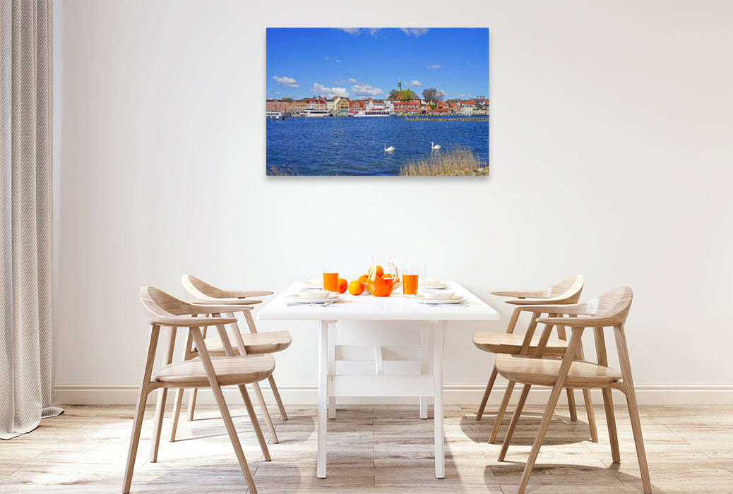 Premium textile canvas Premium textile canvas 120 cm x 80 cm across harbor in Kappeln with herring fences and swans 