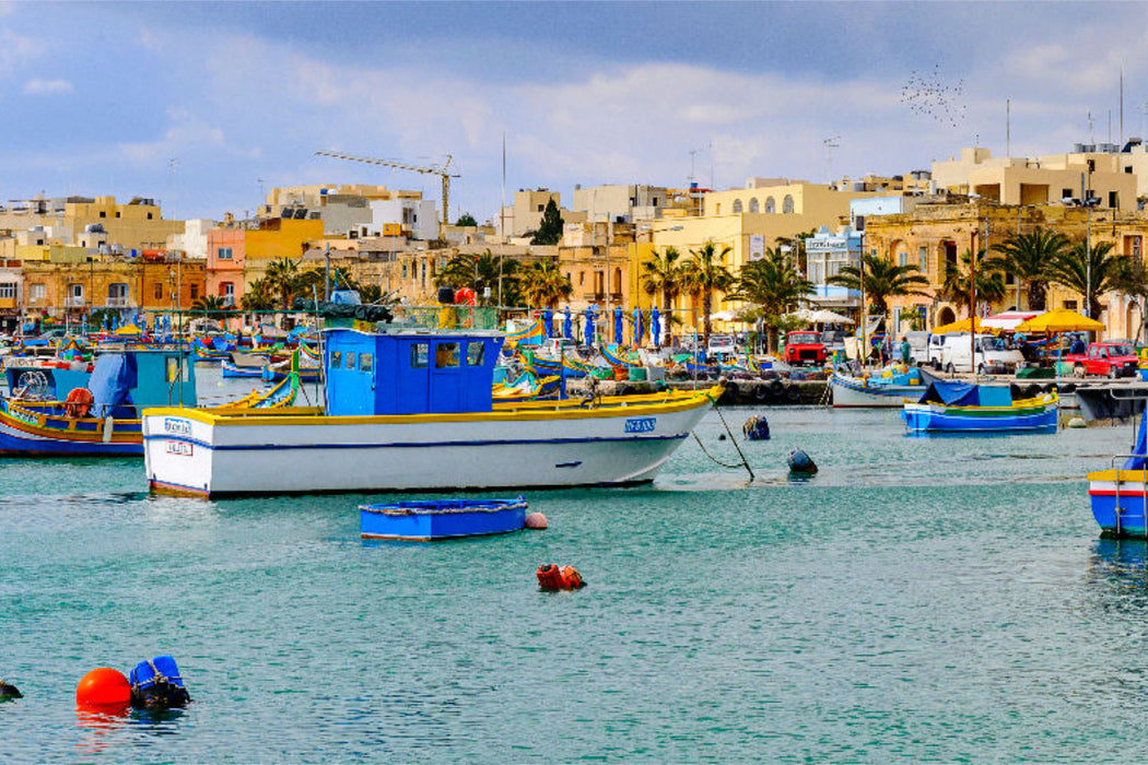 Premium textile canvas Premium textile canvas 120 cm x 80 cm landscape Traditional fishing boats in the harbor of Marsaxlokk 