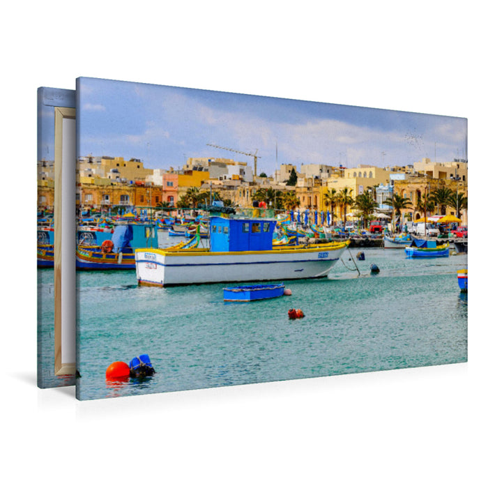 Premium textile canvas Premium textile canvas 120 cm x 80 cm landscape Traditional fishing boats in the harbor of Marsaxlokk 