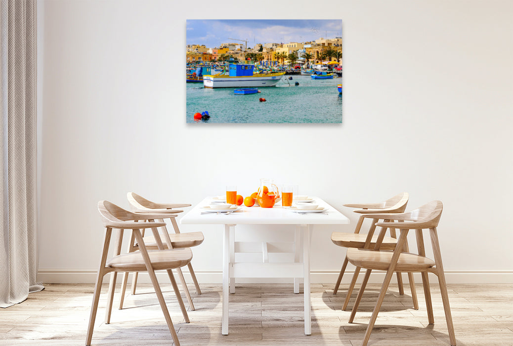 Premium textile canvas Premium textile canvas 120 cm x 80 cm landscape Traditional fishing boats in the harbor of Marsaxlokk 