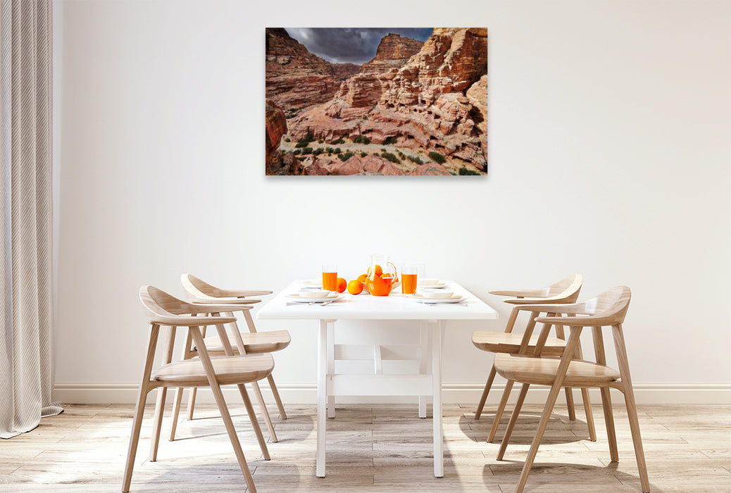 Premium textile canvas Premium textile canvas 120 cm x 80 cm across simple cave graves in a rocky landscape 