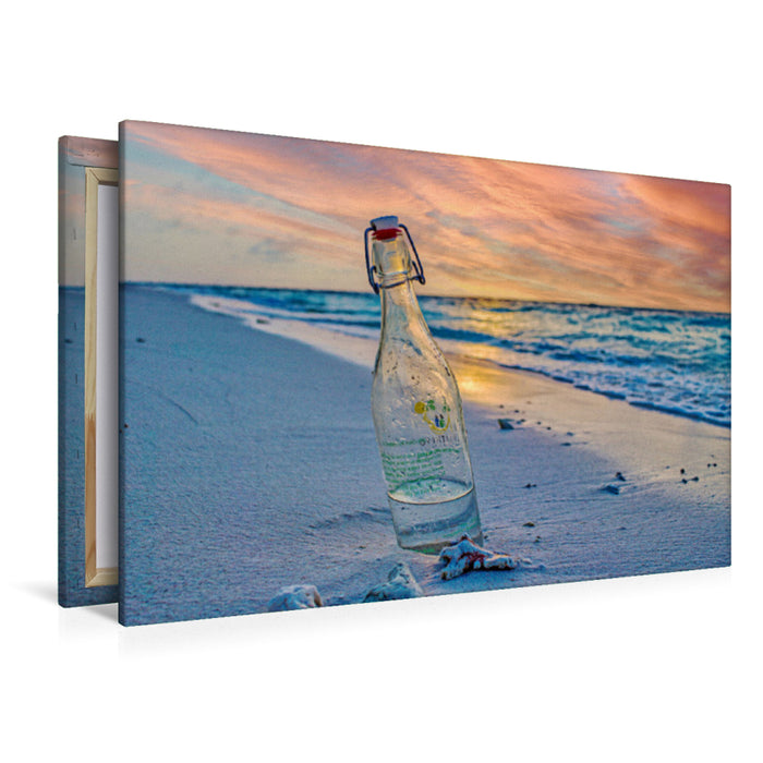 Premium textile canvas Premium textile canvas 120 cm x 80 cm landscape Bottle on the beach 