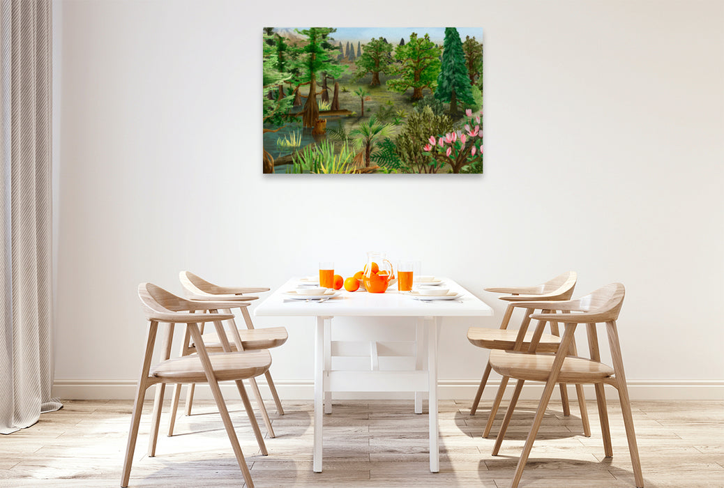 Premium textile canvas Premium textile canvas 120 cm x 80 cm landscape Tertiary geological era, life in the forest 