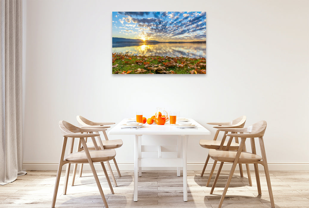 Premium textile canvas Premium textile canvas 120 cm x 80 cm landscape Autumn lights on the lakeshore 