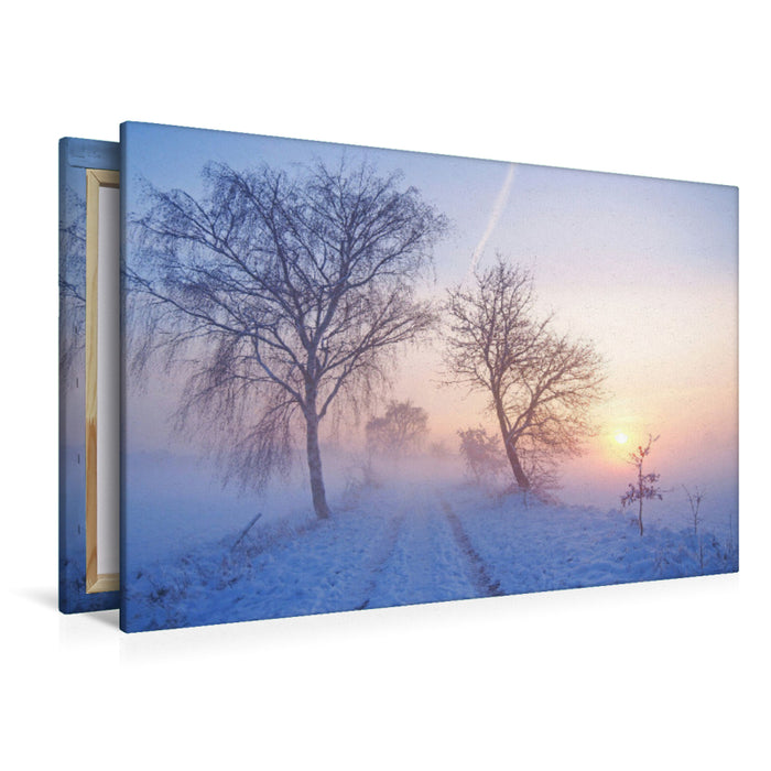 Premium Textil-Leinwand Premium Textil-Leinwand 120 cm x 80 cm quer Winterlicher Sonnenuntergang im Nebel, Meyenfelder Straße