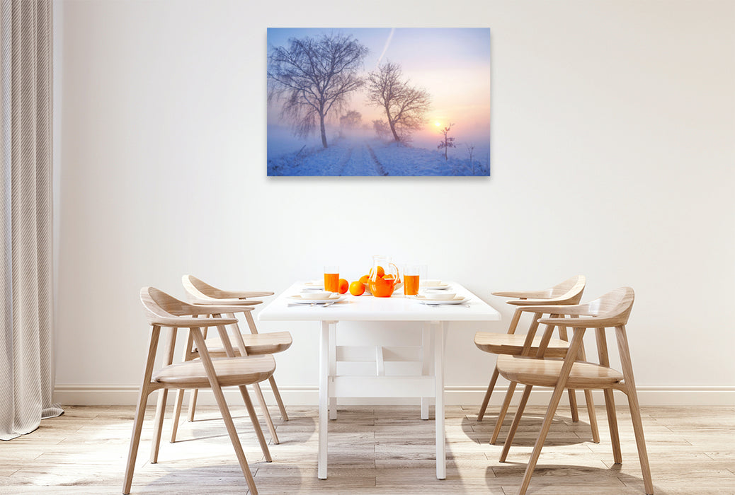 Premium textile canvas Premium textile canvas 120 cm x 80 cm landscape Winter sunset in the fog 