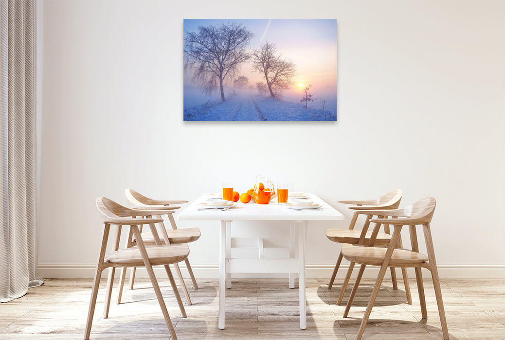 Premium Textil-Leinwand Premium Textil-Leinwand 120 cm x 80 cm quer Winterlicher Sonnenuntergang im Nebel