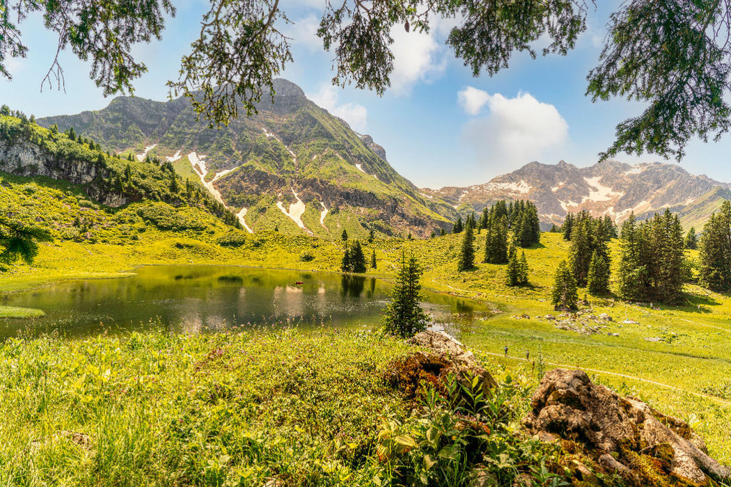 Premium textile canvas Premium textile canvas 120 cm x 80 cm across Körbersee - the most beautiful place in Austria - in the background the Braunarlspitze. 