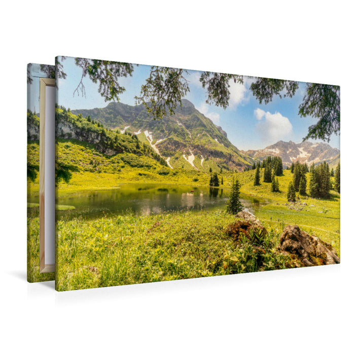 Premium Textil-Leinwand Premium Textil-Leinwand 120 cm x 80 cm quer Körbersee - schönster Platz Österreichs - im Hintergrund die Braunarlspitze.